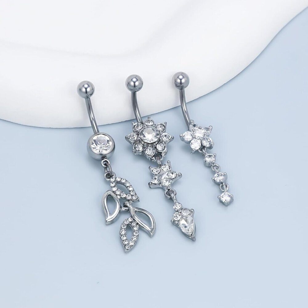 14G Belly Button Ring Jewelry Set 7 Pieces Dangle Cubic Zirconia Stainless Steel - Picture 4 of 6
